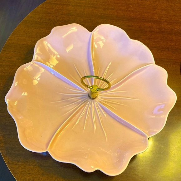 VINTAGE pink floral ceramic serving dish with brass ring handle. Made in USA. - Picture 2 of 11